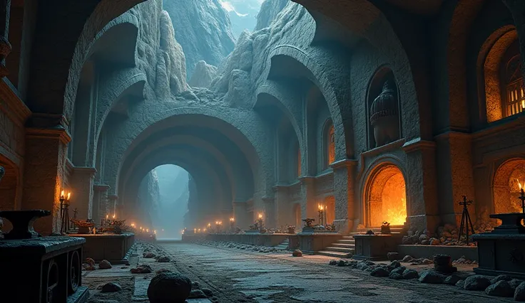 underground hall, large workshop, anvils, tools on the walls, blast furnace, large shutters on the left, mountain chamber, no characters visible, dark fantasy graphics