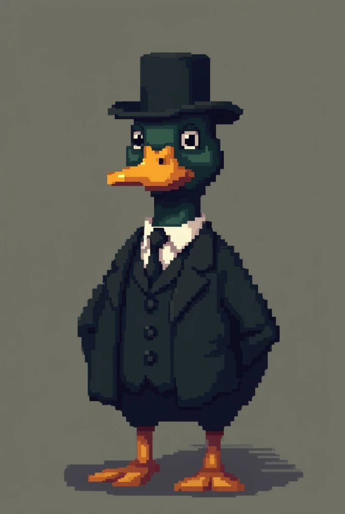 Duck in dark suit and hat, 2D pixel art. sixteen by sixteen