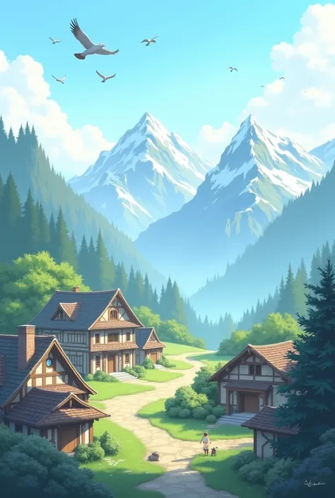 beautiful quiet village atmosphere, mountain background, and the birds fly