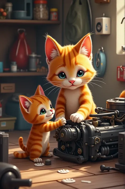 Nemo art. cat - father teaches kitten how to repair car. Professionally high quality.