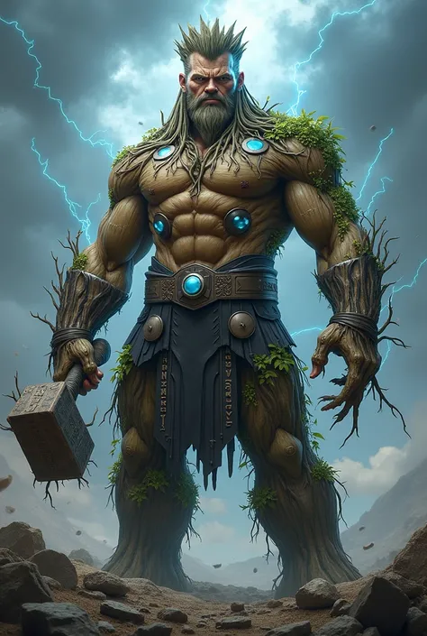 ("Create a powerful fusion of Thor and Groot, combining elements from both characters. The character should have Thor’s muscular, Asgardian physique, wielding a large, glowing hammer with roots and branches wrapped around it. His body is a mix of wood and ...