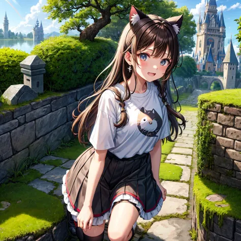 Rainbow brown hair、Rainbow Eyes、Wavy Hair、Hair tied up、Two cute、Checked mini skirt、Black T-shirt、Cat ear hood、Black knee-high socks、Teeth are visible、Monster Castle、Tilting face、lawn、In front of the city gates、The stone is cracked、Uneven ground、Stone Wall、...