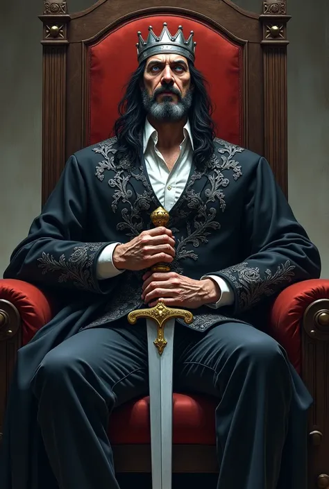 ((Realistic comic style)), ((1  Mann)), 58 years, narrow, long black curls, lifeless blue eyes, high cheekbones, sunken face, white shirt, elegant black coat with silver pattern, Sword with golden handle on the waist belt, silver crown, sits thoughtfully o...