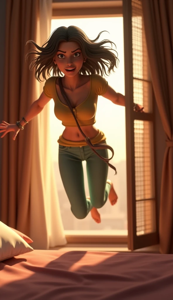 A women jumping in the window in the hotal bedroom 3d animation, wear attractive clothes pants shirts in saree, angry good figure,