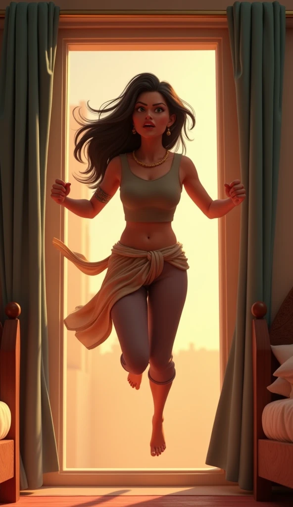 A women jumping in the window in the hotal bedroom 3d animation, wear attractive clothes pants shirts in saree, angry good figure,