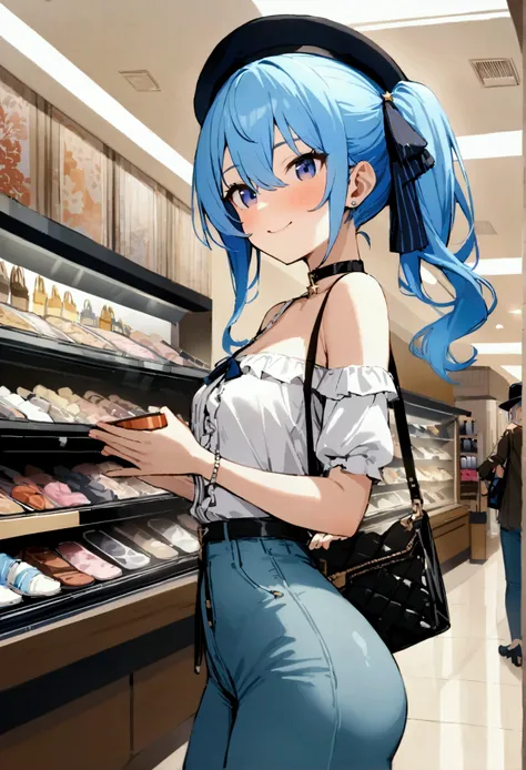 NSFW,masterpiece,Best Quality,High resolution,Very detailed,One girl,Star Town Suisei(Hololive),blue eyes,Blue Hair,Choker,Hair between the eyes,Medium Hair,Side Ponytail,スターChoker,Small breasts,Frilled shirt,Off the shoulder,pants,Heeled Sandals,hat,Shoul...