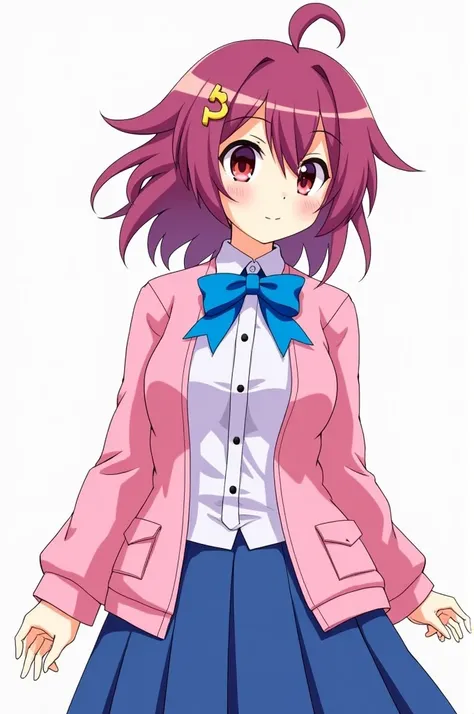 aamazaki, (antenna hair:1.2), medium breasts, blue bowtie, pink jacket, blazer, long sleeves, blue skirt, pleated skirt