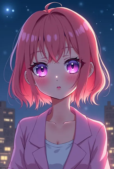 fair-skinned girl, pink glitter on her lips, Her eyes are large and color violet almond-shaped aher hair is coral pink, My Hero Academia style, Anime, 2D, on top of a building, at night