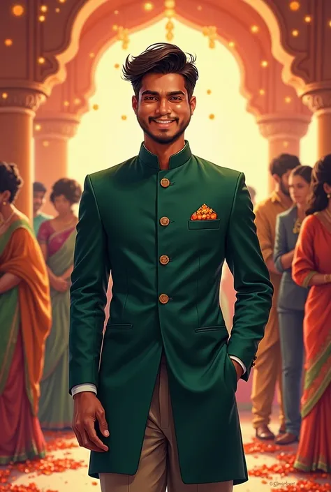 Create illustration of young Indian Man attending Indian wedding posing towards camera looking happy. Wearing Dark Green  bandhgala, tall, fair and charismatic smile.