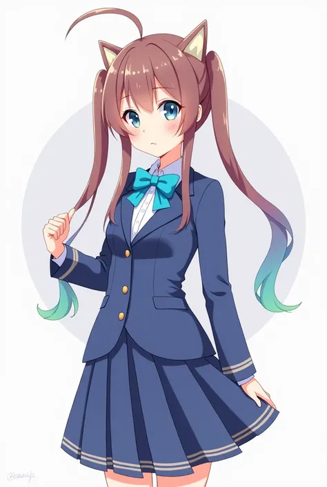 anzumazaki, (antenna hair:1.2), medium breasts, blue bowtie, blu blazer, long sleeves, blue skirt, pleated skirt