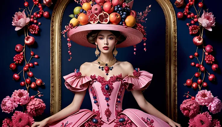 A beautiful model wearing a pink dress and hat made of flowers, fruit, and pomegranate seeds, in the style of dark fairytales, Rococo-inspired illustrations, dreamlike installations, symmetrical asymmetry, light red and indigo, elaborate costumes, and exag...