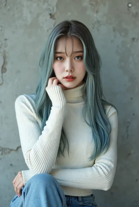 Best Quality, 1 Beautiful Woman, 2, S, 35mm Lens,, Cowboy Shot, Concrete Background、Mortar style background、White turtleneck thick knitwear、Mortar wall,From below、Straight Hair、Straight Hair、Shiny Hair,Smooth Hair、Blue Ash Hair Color、Denim pants、hand on ow...