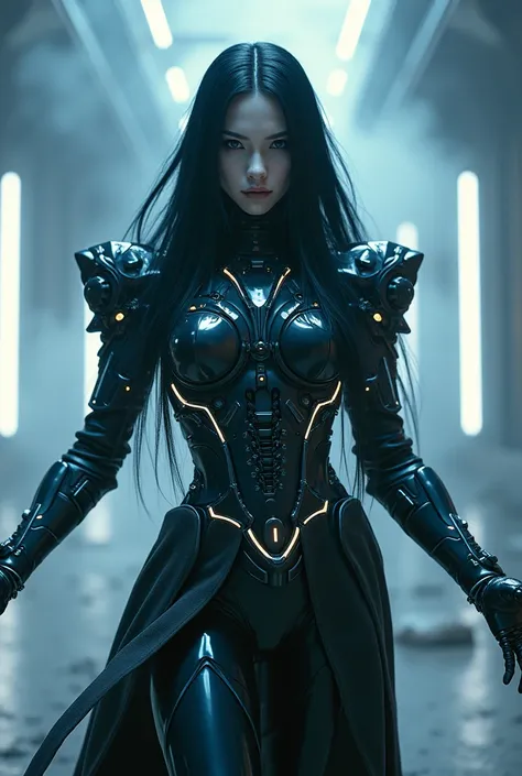 stunning, breathtaking woman, live-action, realistic, white skin, raven-black hair, hime cut, long, flowing locks, geometric,  fully covered, no skin, futuristic covered suit, neon futuristic led light , metallic spherical armor, red accents, intricate, ne...