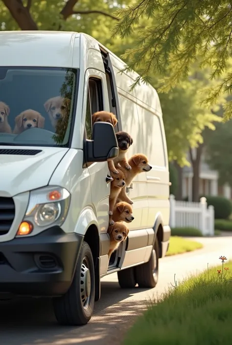 Create a realistic photo of a white van with the side sliding door open and some cute puppies peeking out