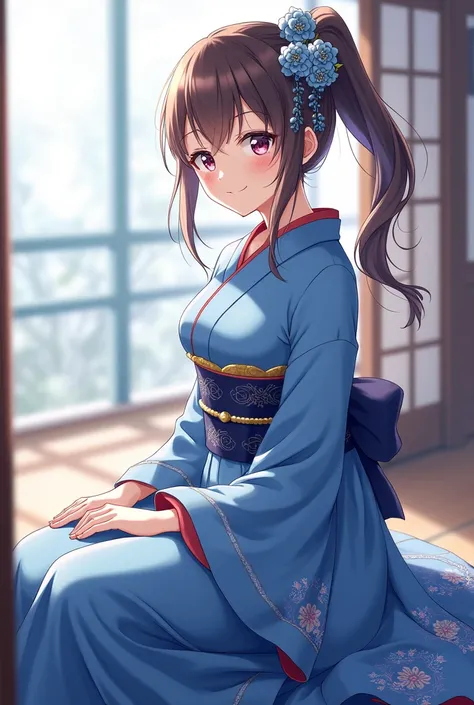 Sitting,happy,blue traditional Japanese dress, Anime,mommy