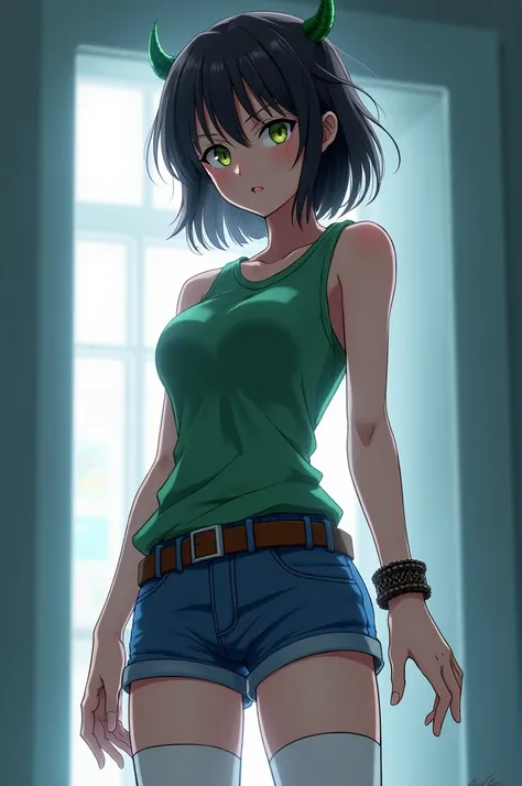 aamazaki, (antenna hair:1.2), medium breasts, green shirt, sleeveless, bracelet, belt, blue shorts, white thighhighs, mindcontrol