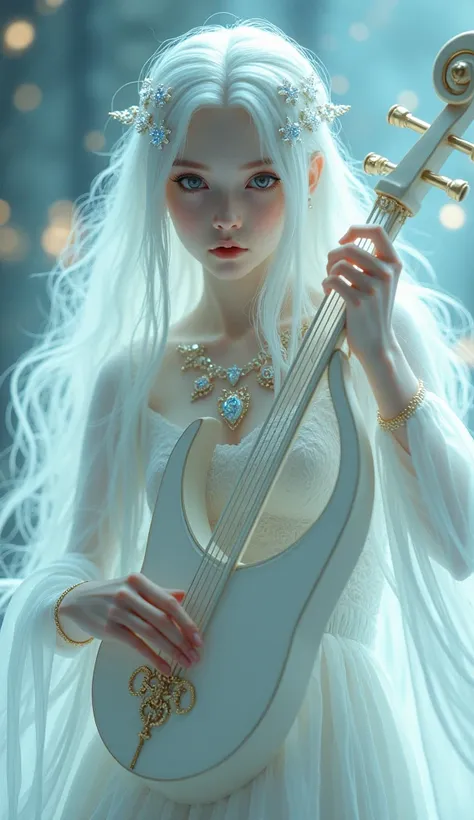 This image depicts a serene, ethereal scene featuring a delicate figure playing a full white loin with white fur and white wings. The character appears otherworldly, with pale skin and long, flowing white hair adorned with intricate, shimmering accessories...