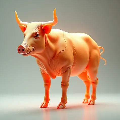 The hybrid of a bull and a pig has been perfectly combined to create a futuristic and realistic hybrid with an orange color floating around the body.