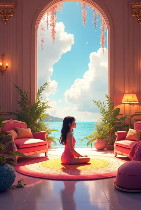 A girl sit in a spacious and beautiful room and bright colours 