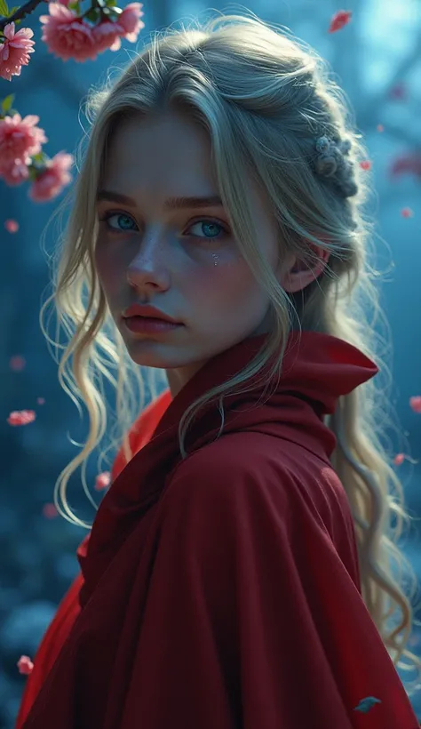 a beautiful young woman with bright blue eyes, golden hair, slightly parted lips, tears in her eyes, full body view, at night, blue background, many cherry blossoms, melancholic, mystical, fantasy, light, red cloak dress, (best quality,4k,8k,highres,master...