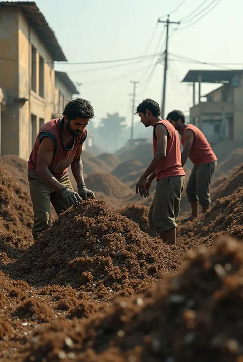 Composting workers, India, not wearing protective equipment 