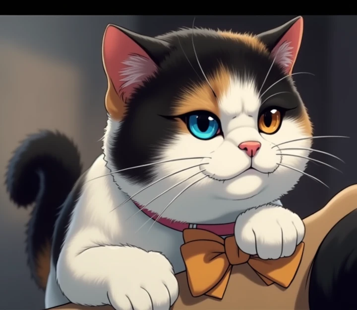 Anime , British Shorthair cat, Two-colored eyes , Put on a bow collar, Serious face,Pretend to hold onto the owner&#39;s shoulder.