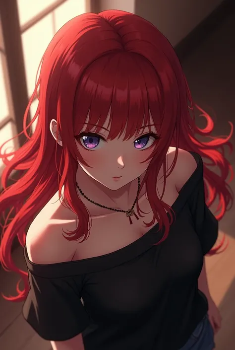 High angle view of an anime girl looking sideways with long red hair and a black off-the-shoulder shirt.