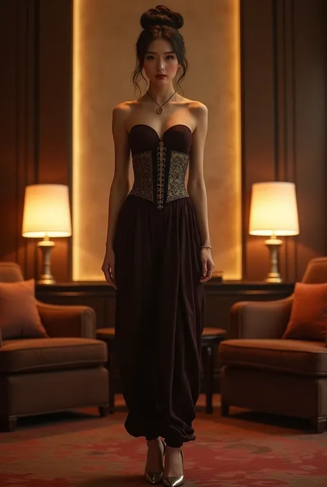  chinese woman, harem shalwar, plain shirt tucked in, corset, high heels, 34 28 32, gentle lighting, intricate facial details, in 5 stars hotel room, full body head to toe