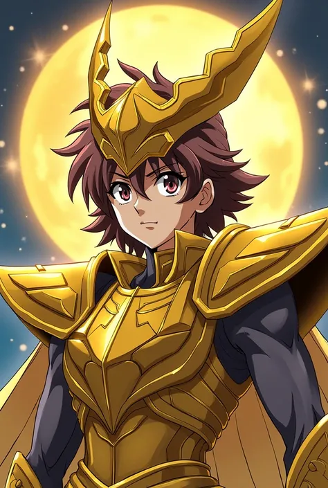 Un chevalier dor du signe du griffon dans lunivers de lanimé saint seiya, les chevaliers du zodiaque. Il ressemblera a aliolia du signe du lion. Dessin de manga. Cheveux brun, avec casque tete de griffon. Cheveux court. Homme