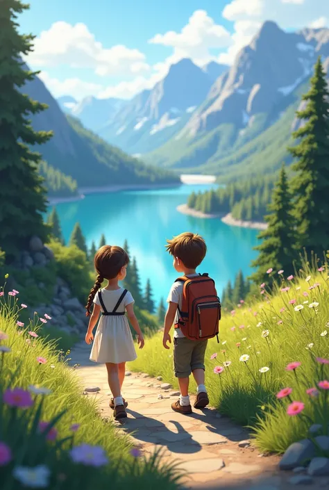 A girl and boy walk on mountain 