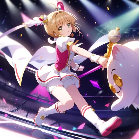 hightquality, best-quality, ​masterpiece, absurderes, Yu Suzumura, Idol, 1girl in, Alone, ABOUT_stage, stage_lights, Light_Particle,,Big rocking, pink panty,panchira,Shiny Costumes.White boots,Jumping