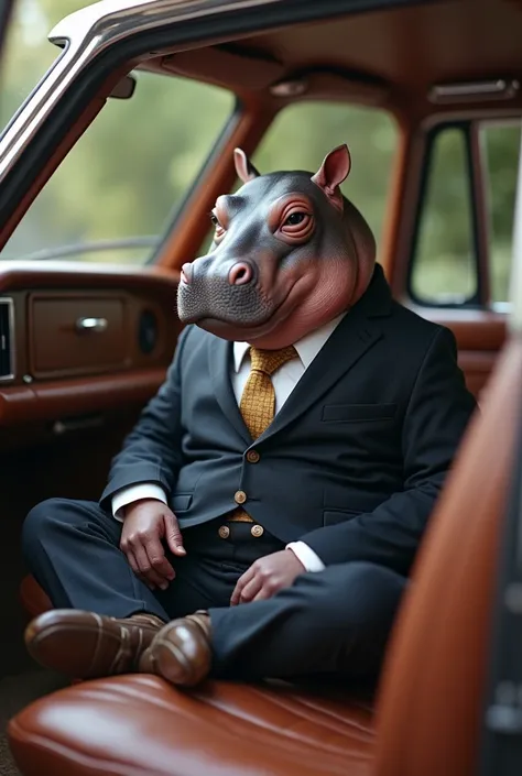 Photo of a brown baby pygmy hippo wearing an office suit sitting in a luxury car.