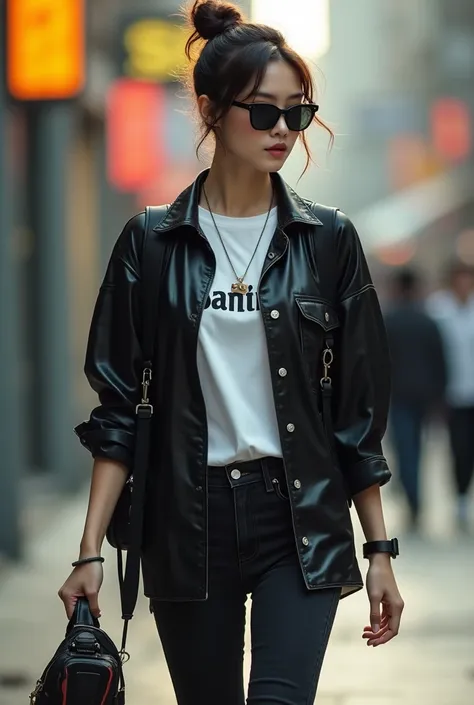 Cinematic photorealistic of a beautiful Korean woman with smooth white skin, perfectly groomed face, hair tied up in a bun with Korean style bangs, pose walking aggressively while smiling wearing cool sunglasses.. ,outfit glossy black shirt rolled up to th...