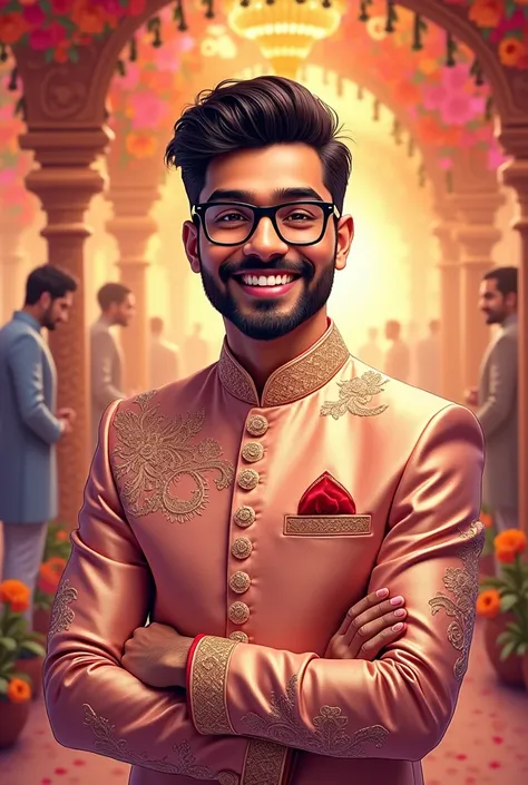 Create illustration of young Indian Man attending Indian wedding posing towards camera looking happy. Wearing rosegold sherwani. Black rimmed specs. Charismatic smile.