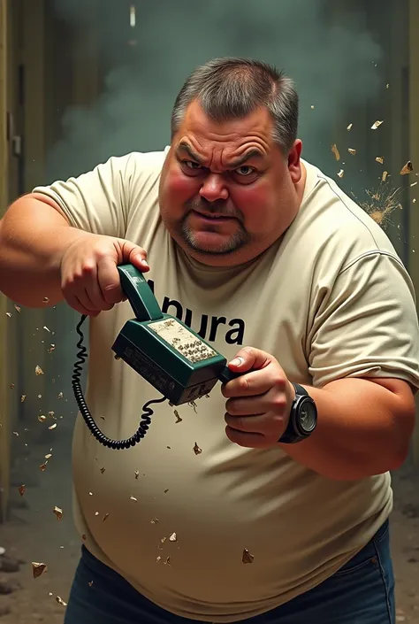 A little bit fat and tan man wearing ANURA name printed Shirt and smashing a telephone
