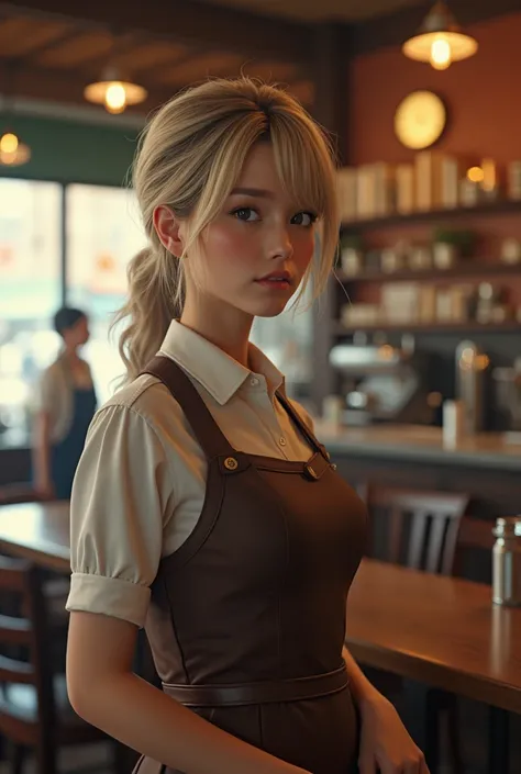 Japanese women、50th Generation、Generates realistic images of women. blonde, Wearing a brown waitress uniform, Traditional New York coffee shop. 