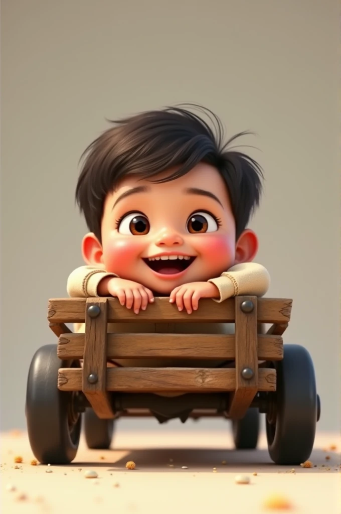 A kid having brown eyes, smiling face , lying on a cart.