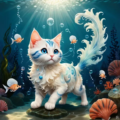 (a cute cat genie with a translucent blue body, resembling flowing water, floats gracefully in the air. small seashells and cora...