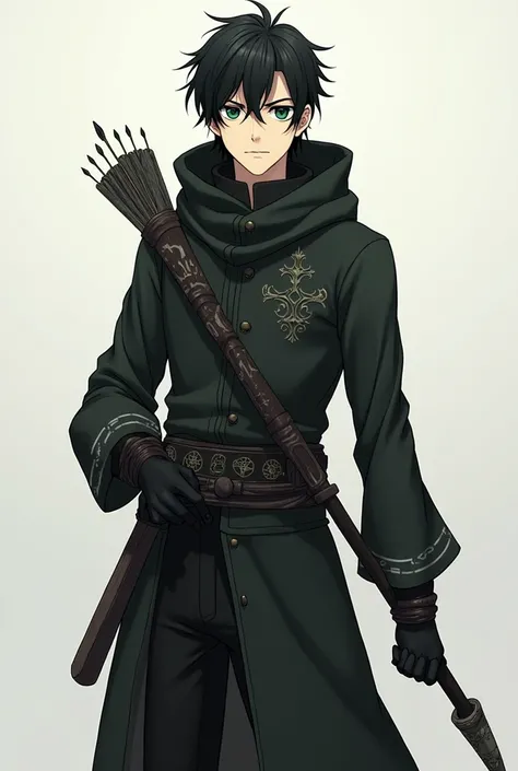 in anime style, against a neutral background, create a full-length image of a young man of average height with a discreet and enigmatic presence. Her hair is short and black, with locks that fall over the forehead, and his eyes are a deep green, almost as ...