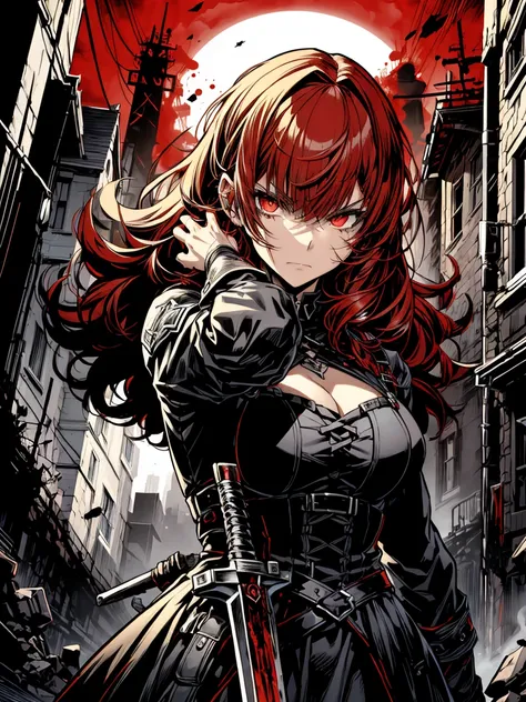 v5lcn style,(Best quality),(Animation style, Comic noir style:1.1),dynamic composition, action pose, 1 girl, cute style, Beloved,Very detailed face, Very detailed hair, With bangs, 8k,solve,gothic dress,gothic punk,Blood is spurting out, dark shade, Red ha...