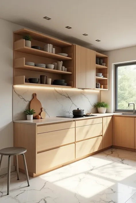 A modular kitchen with wooden furnished shelves and modern drawers with off white colour on the walls and flooring of marble tiles giving enough storage space and space enough to cook with modern interior 