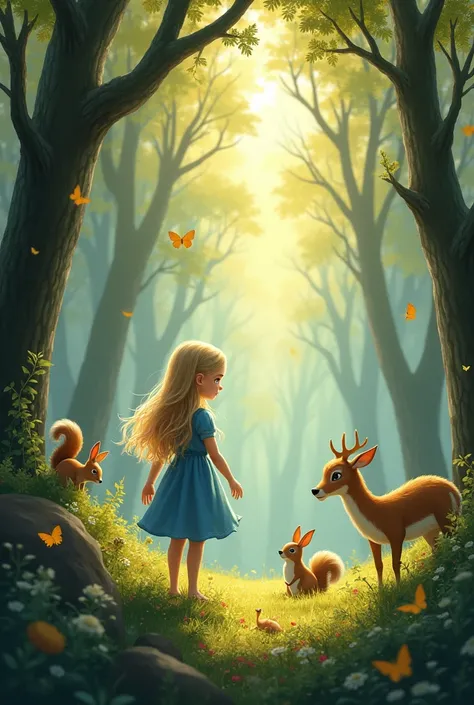 A fairy tale about a girl who talks to animals in the forest,  , blue eyes, fair skin, blond long hair, in a blue dress to the knees, goes to the forest where there are many wild animals and communicates with them 