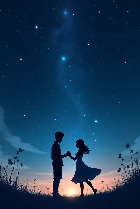 A boy and a girl dancing under a beautiful starry sky, The boy is taller than the girl and only their silhouettes can be seen, that many stars are seen 