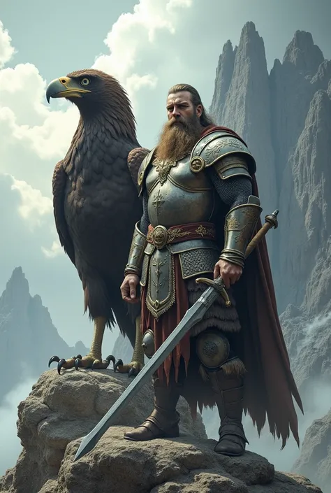 A barbarian in knight attire with beard and long hair to his shoulder standing beside a huge and oversized eagle on a rock maoumtain, rock mountain and cloudy clouds as the background,  the image should taken from aside, masterpiece, highly-detailed, ultra...