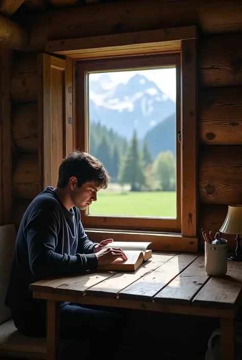 A photo from inside in a table reading a book in a wood old cabin behind a Beautiful Landscape  from Switzerland 