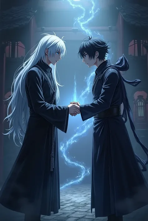 Generate saturo gojo (jujutsu kaisen ) image with Ken Kaneki (from tokyo ghoul) making handshake 