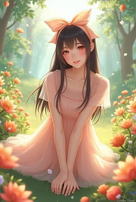 "A  with long straight hair, wearing a dress and transparent. She wears a headband with a big bow on her head.. She is in a park full of flowers and she is smiling sweetly. Her shoes are small and match her dress., giving it a tender and delicate appearanc...