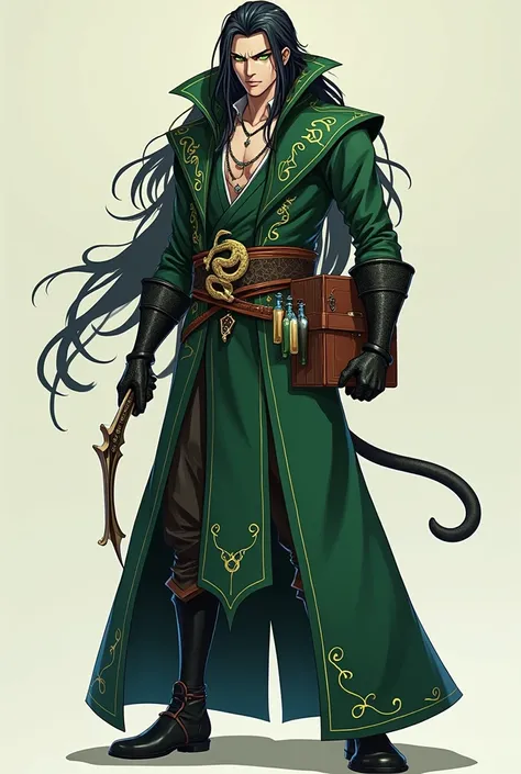 in anime style, against a neutral background, create a full body image of a tall man, with a confident and intriguing posture. Their hair is long and black, contrasting with her bright green eyes, that convey a calculating intensity.

Serpens wears an alch...