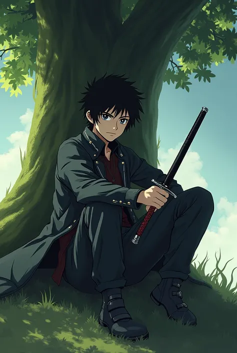 A boy anime character with a sword sitting beside the tree with and dangerous looks and handsome 