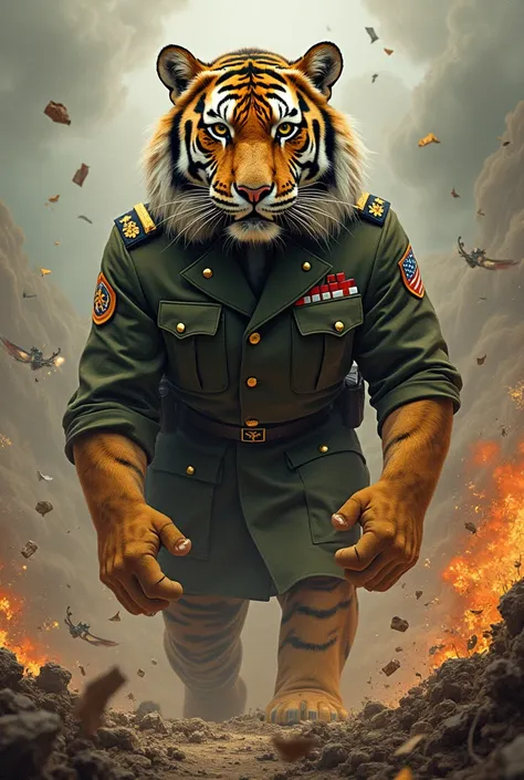 tiger in army suit with chaos background 